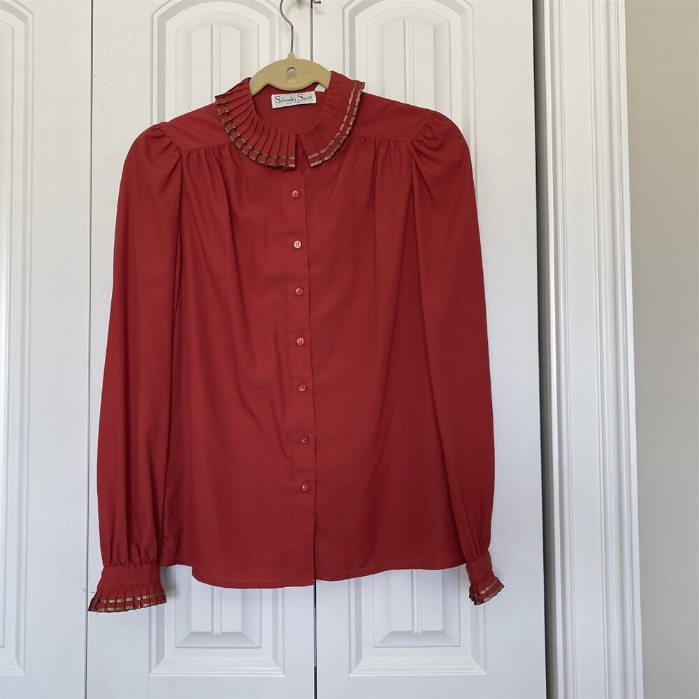 Vintage Schrader Blouse Orange Womens 8 Pleated Collar and Cuffs